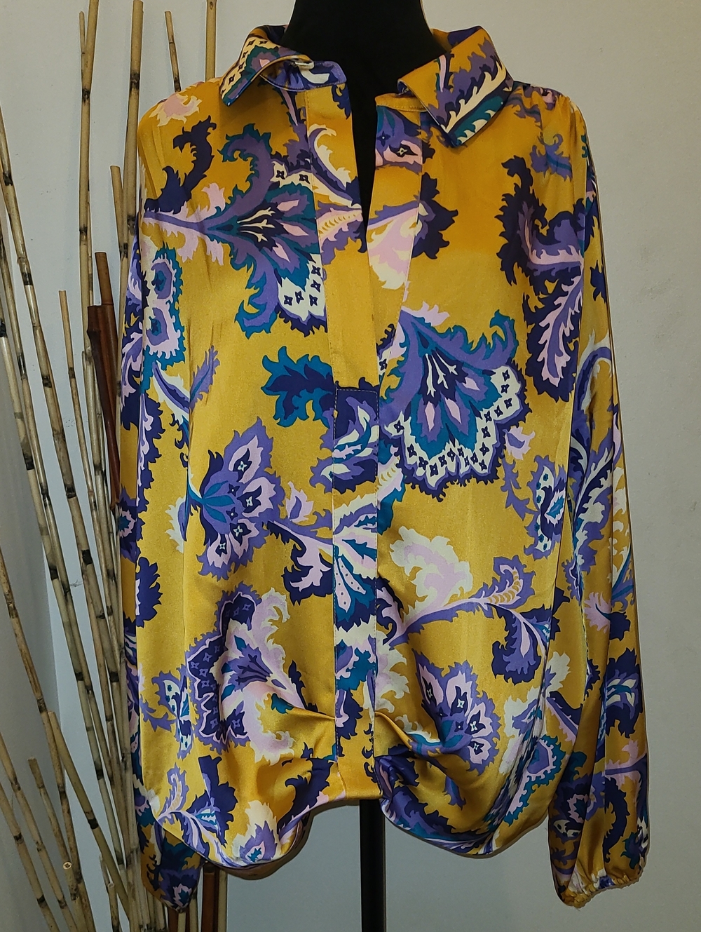 Floral Satin Blouse in Mustard Yellow, Purple And Pink